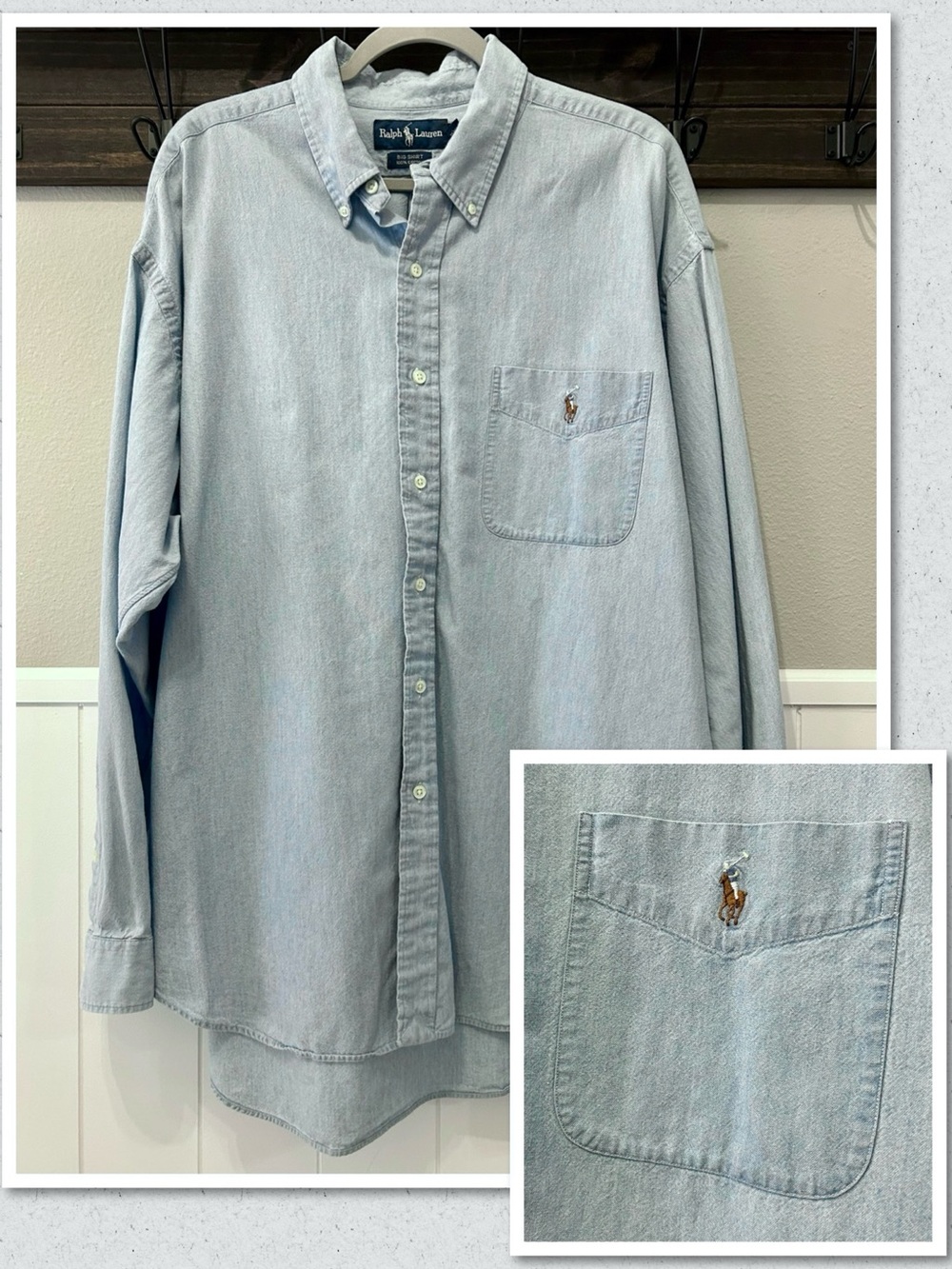 Vintage 90s Ralph Lauren Big Shirt Light Blue Chambray Oversized Polo Pony XL